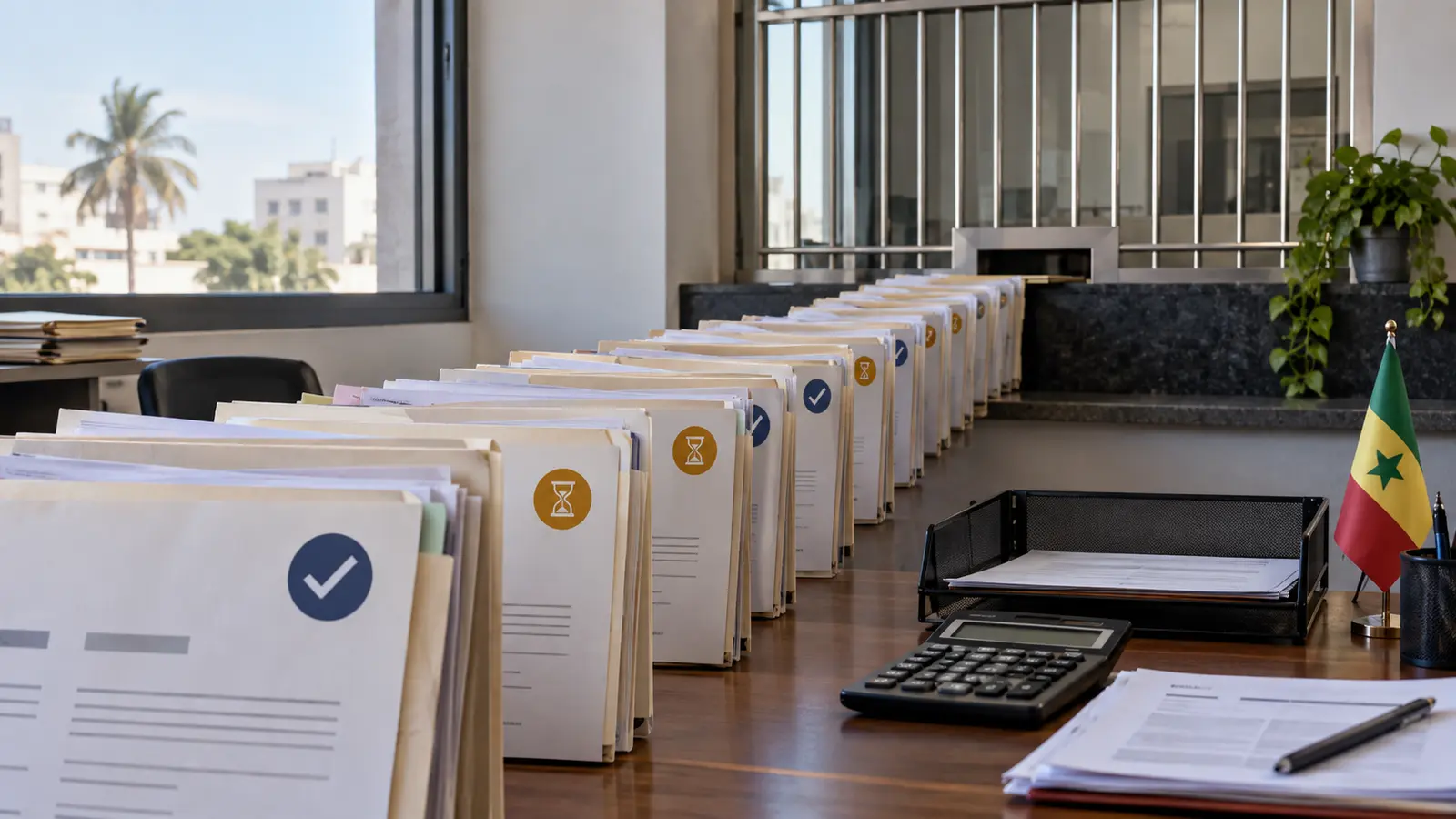 Une longue file de dossiers administratifs validés ou en attente se dirige vers un guichet de paiement
