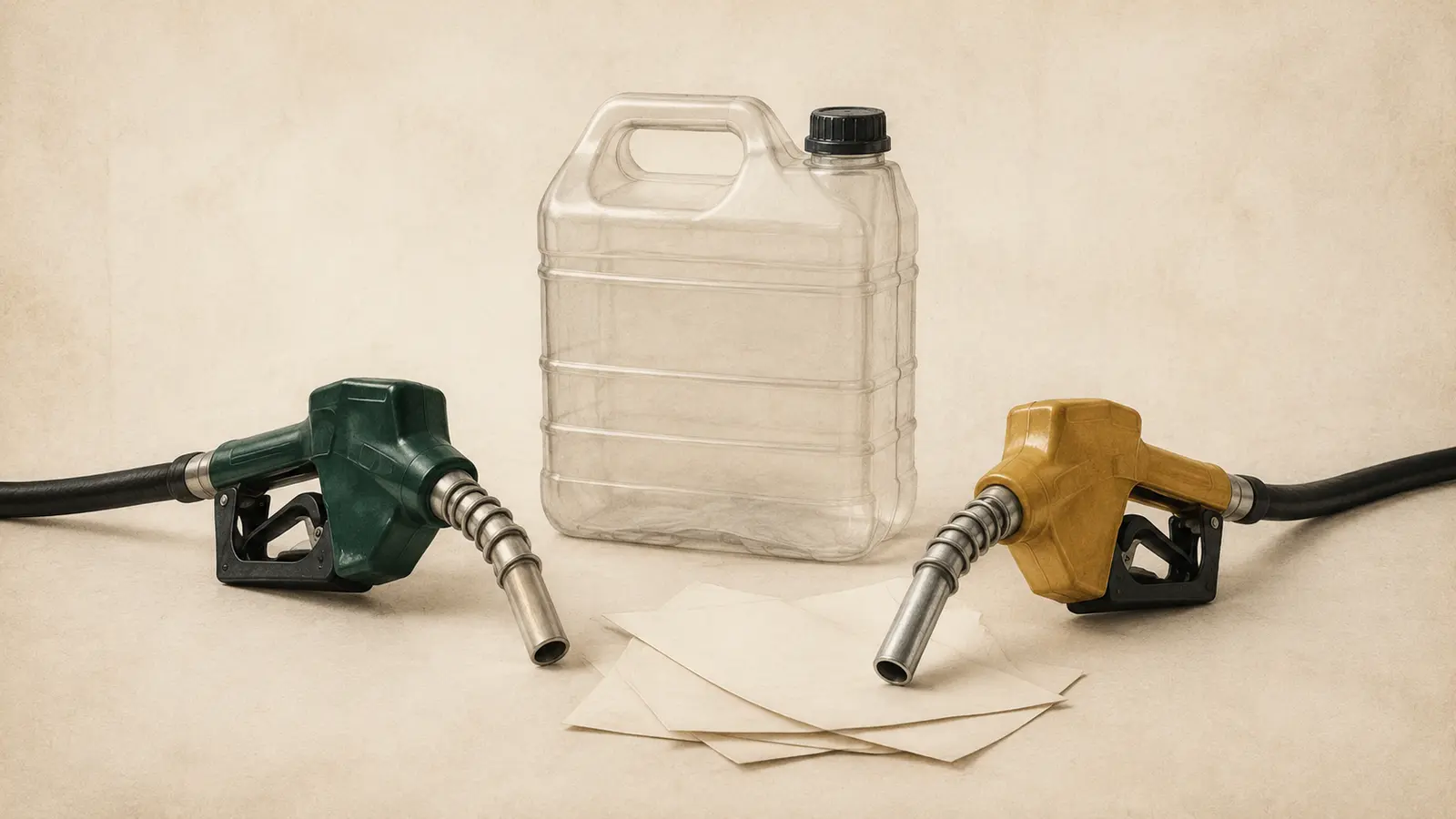 Deux pistolets de pompe à carburant entourant un bidon transparent et des feuilles symbolisant le budget d’un ménage